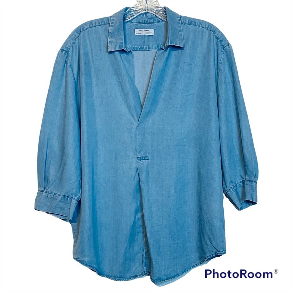 Zara Woman Chambray 3/4 Sleeves V-Neck Top